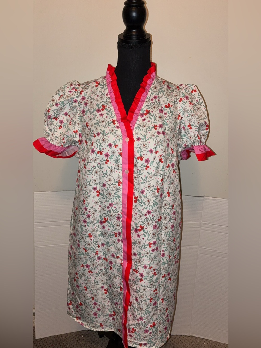 White Floral Dress with Pink & Red Trim